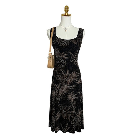 Chico's Dresses & Skirts - Chico's Travelers Black Bronze Metallic Tropical Leaf Print sling Dress Size L